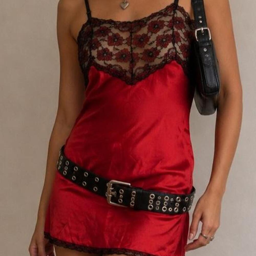 Y2K Ashley Taylor Red Satin Lace Slip Dress Chemise Coquette Goth Fairy Grunge